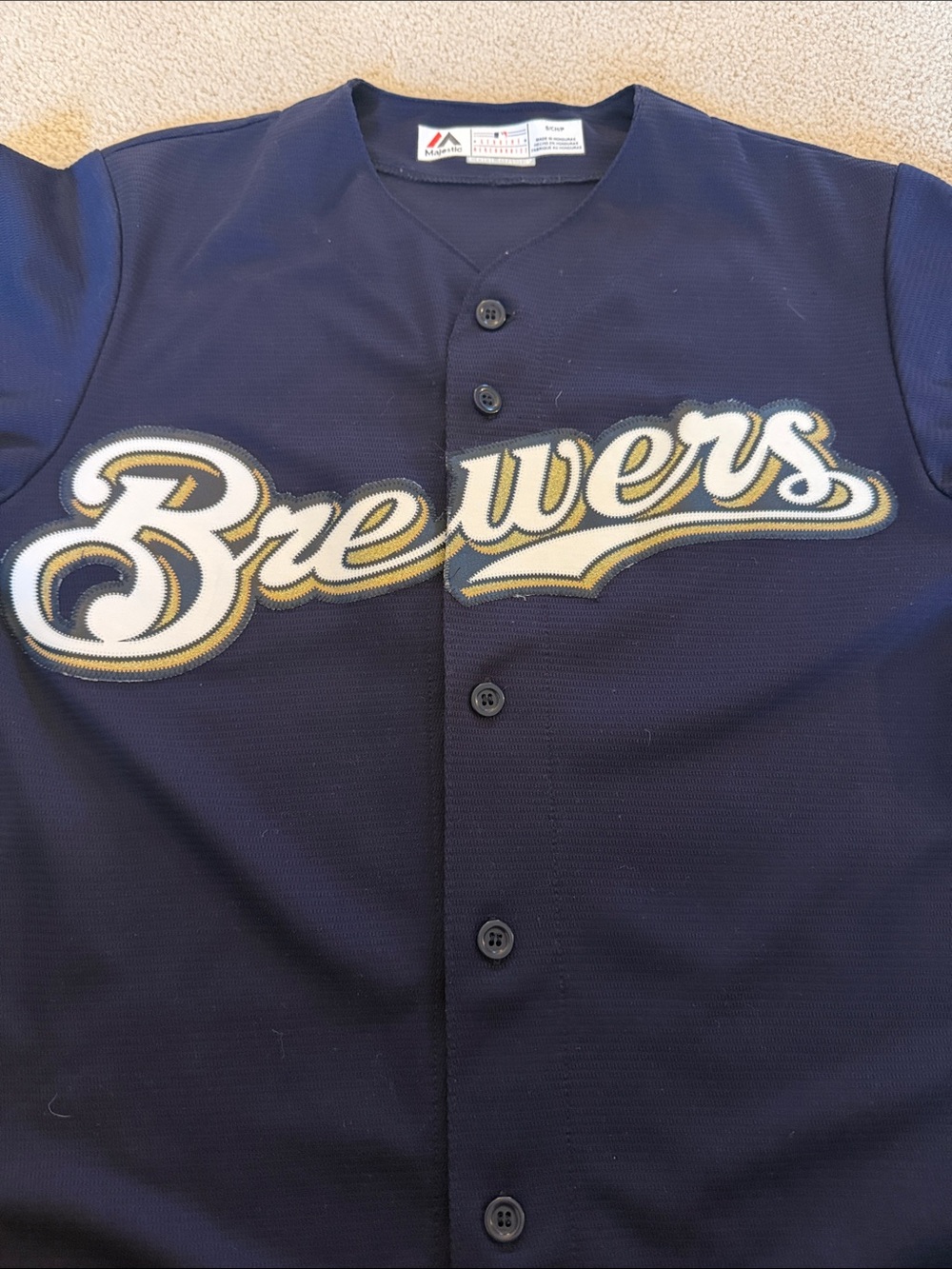 Majestic Navy and Gold Brewers Button-Up Jersey - Picture 3 of 4